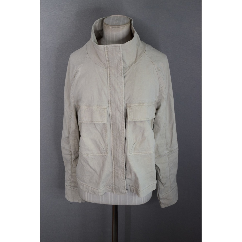 Evereve Utility Jacket Large Stone Linen Blend Funnel Neck Military Cropped